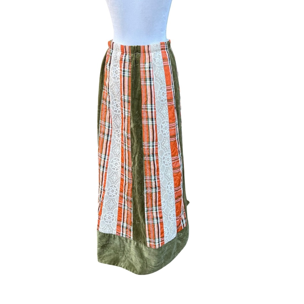 Chessa Davis Vintage Maxi Skirt Plaid Velvet Lace Patchwork Boho Orange Green 24 - Picture 2 of 8